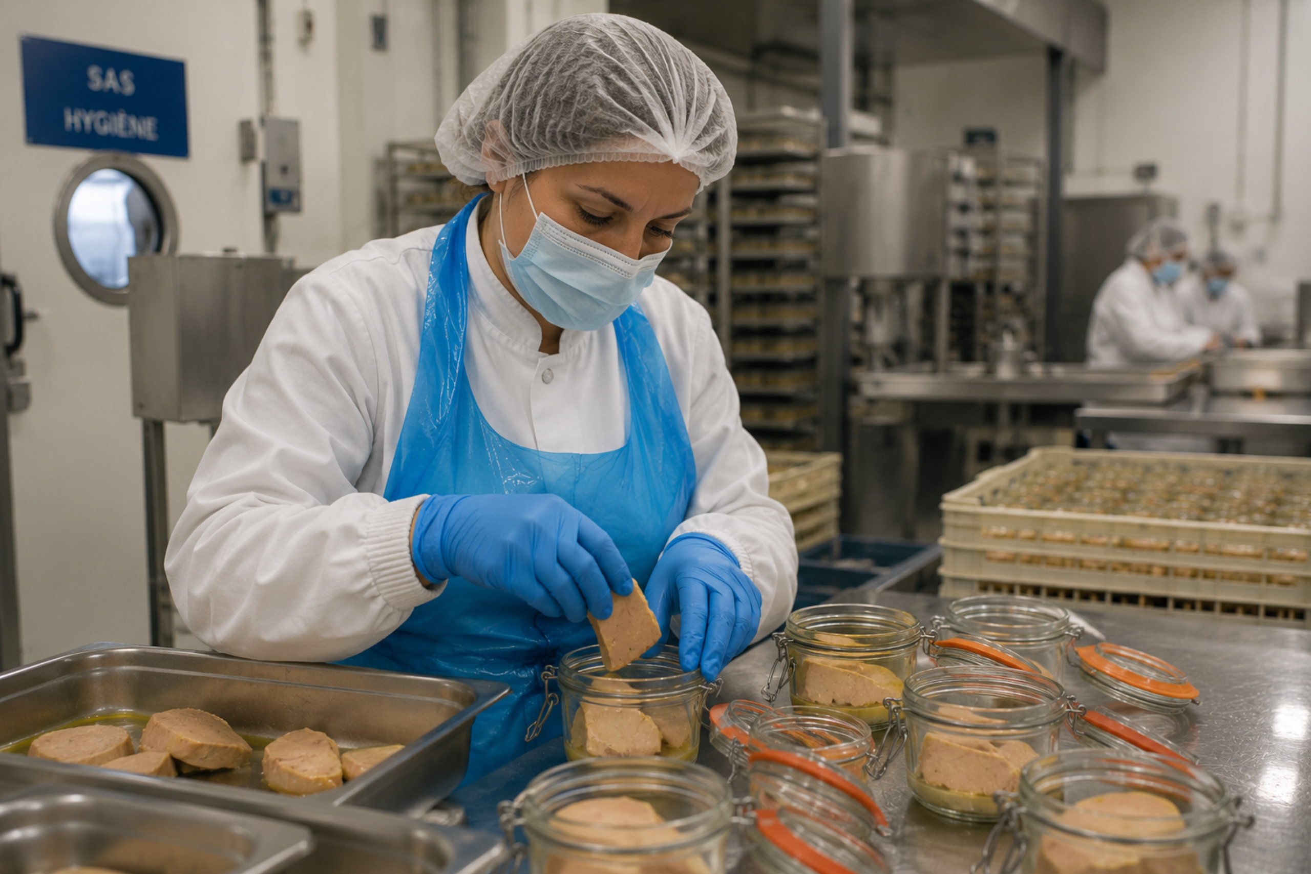 Opératrice conditionnant du foie gras en bocaux dans un atelier agroalimentaire