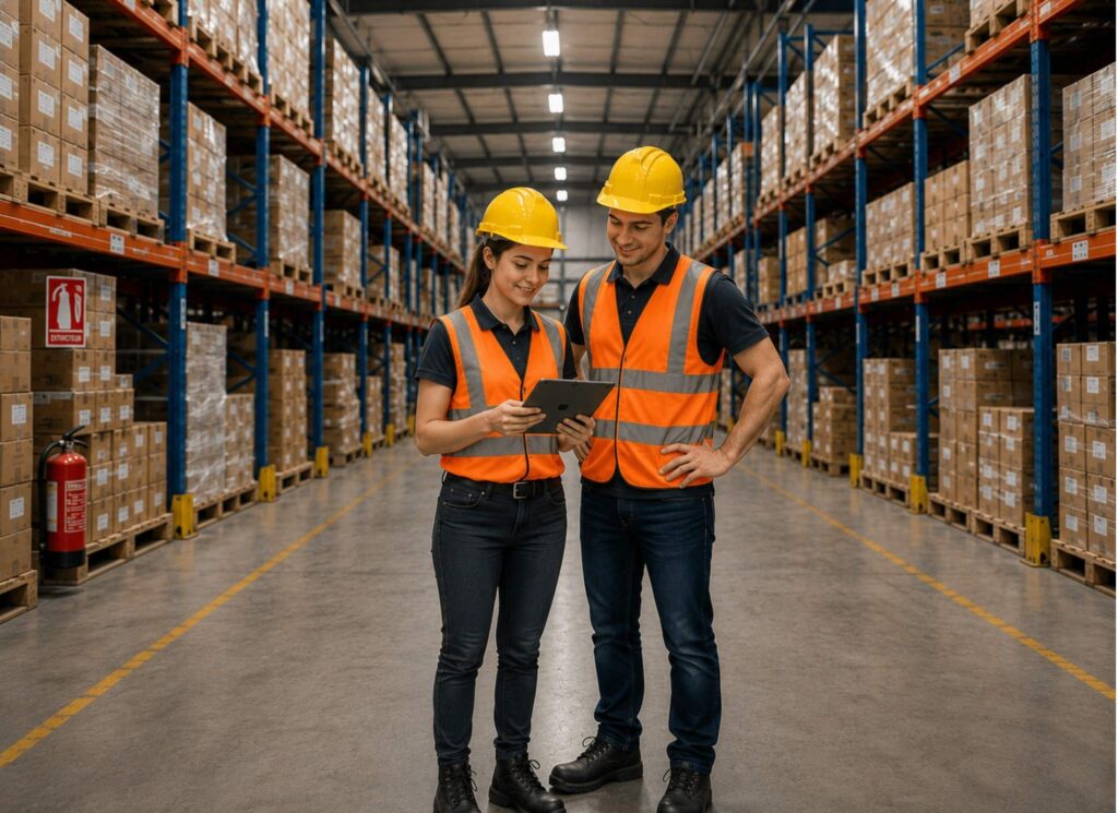 Deux salariés en alternance consultent une tablette dans un entrepôt logistique